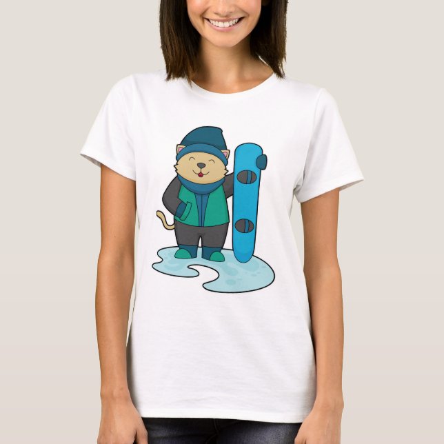 Katt som Snowboarder med snöpapp T Shirt (Framsida)
