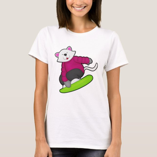Katt som Snowboarder med snöpapp T Shirt (Framsida)