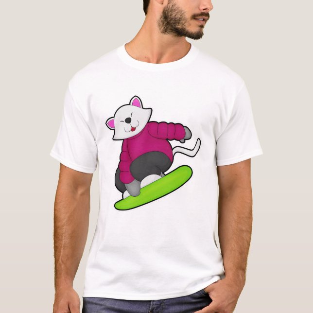 Katt som Snowboarder med snöpapp T Shirt (Framsida)
