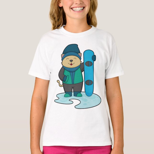 Katt som Snowboarder med snöpapp T Shirt (Framsida)