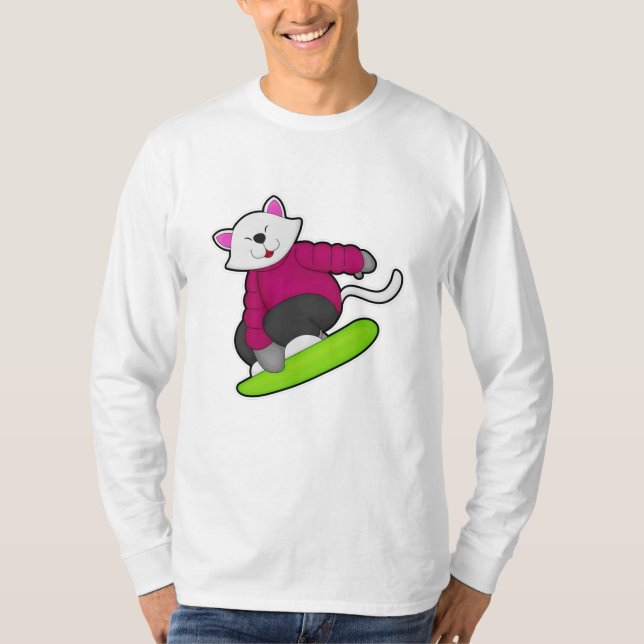 Katt som Snowboarder med snöpapp T Shirt (Framsida)