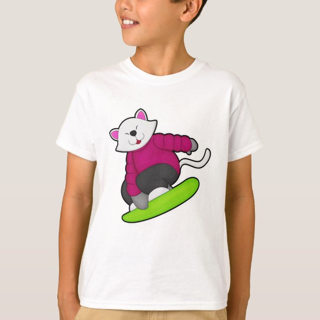 Katt som Snowboarder med snöpapp T Shirt (Framsida)