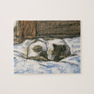 Katt som sovar på en säng vid Claude Monet Pussel