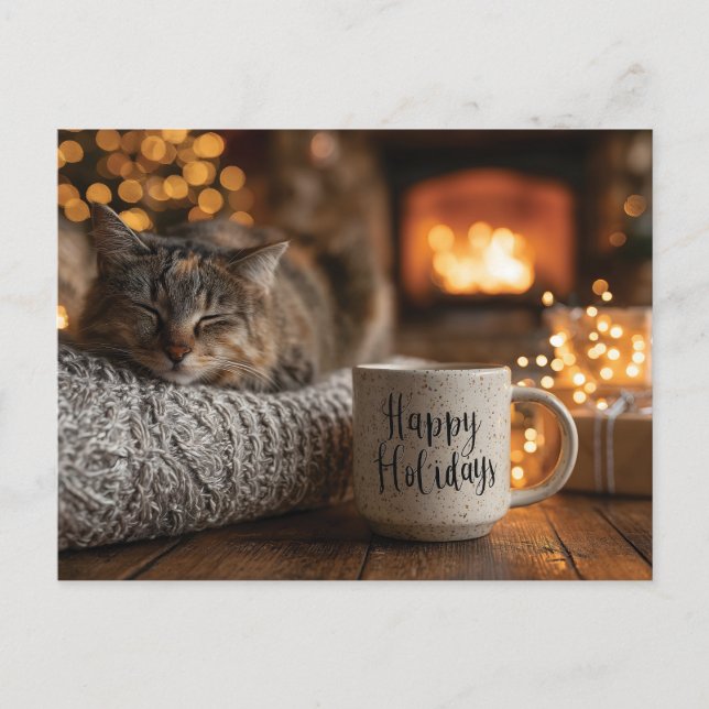 Katt som sover bredvid en "God Jul"-mugg Vykort (Framsida)