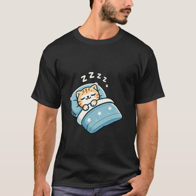 Katt som sover i säng på natten t shirt (Framsida)