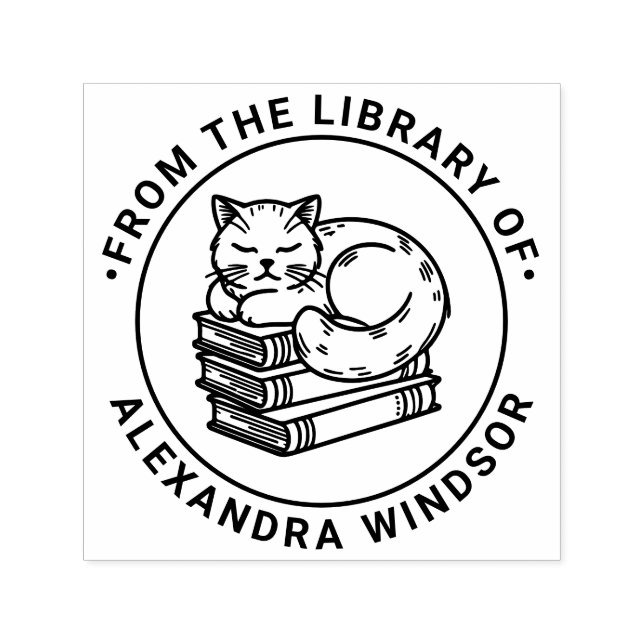 Katt som sover på en hög med böcker - Biblioteksbo Självfärgande Stämpel (Design)