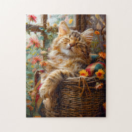 Katt som sover på fönsterbräda bland blommor pussel