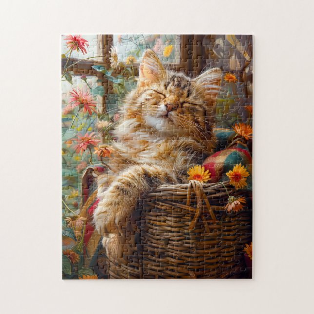 Katt som sover på fönsterbräda bland blommor pussel (Vertikal)