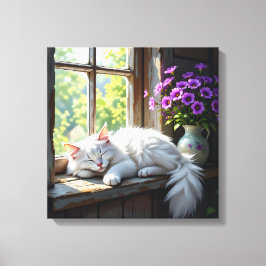 Katt som sover på fönsterbrädan | Lila blommor Canvastryck