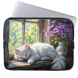 Katt som sover på fönsterbrädan | Lila blommor Laptop Fodral