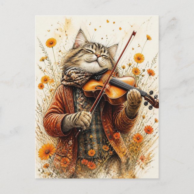 Katt som spelar fiol vykort (Framsida)