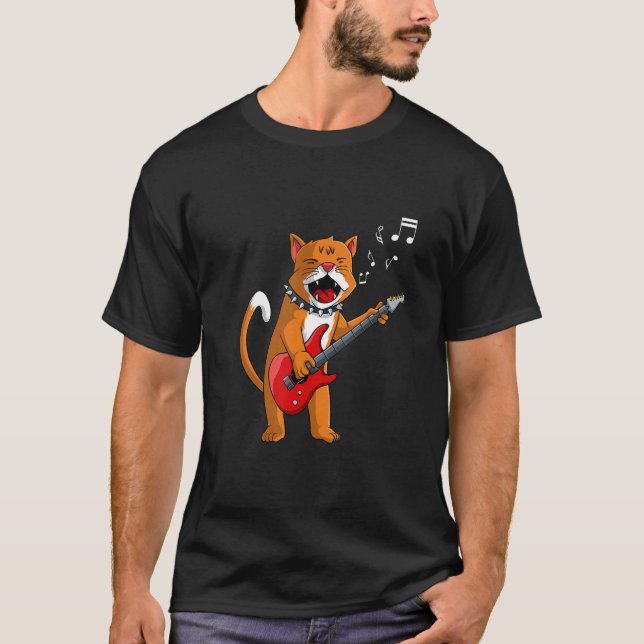 Katt som spelar gitarr Kattälskare Rolig Rocker Hu T Shirt (Framsida)
