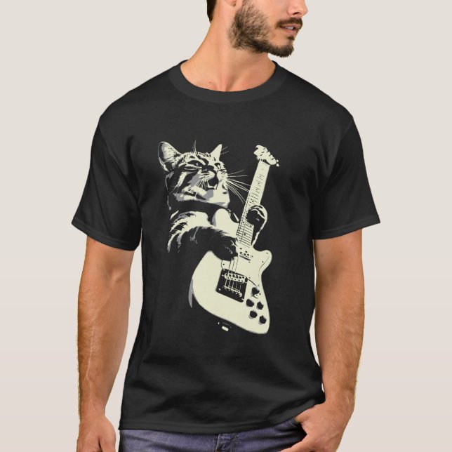 Katt som spelar gitarr Rockstjärna Rock and Roll-d T Shirt (Framsida)