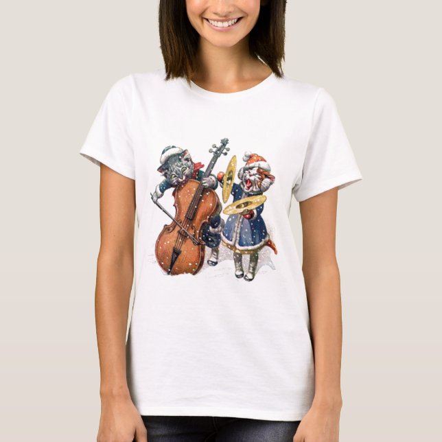 Katt som spelar julmusik i Snö T Shirt (Framsida)