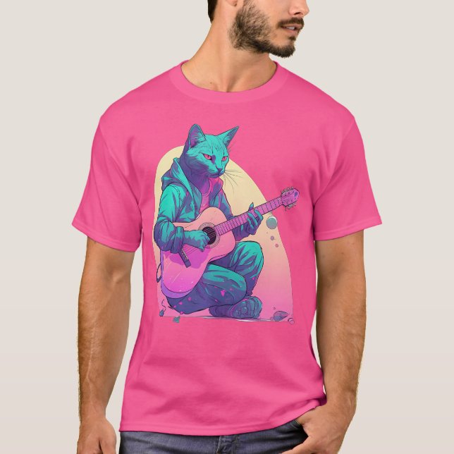 Katt som spelar på akustiskt gitarr t shirt (Framsida)