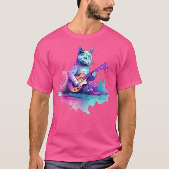 Katt som spelar på akustiskt gitarr t shirt (Framsida)