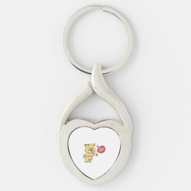 Katt som spelar pilkastning twisted heart silverfärgad nyckelring (Framsidan)