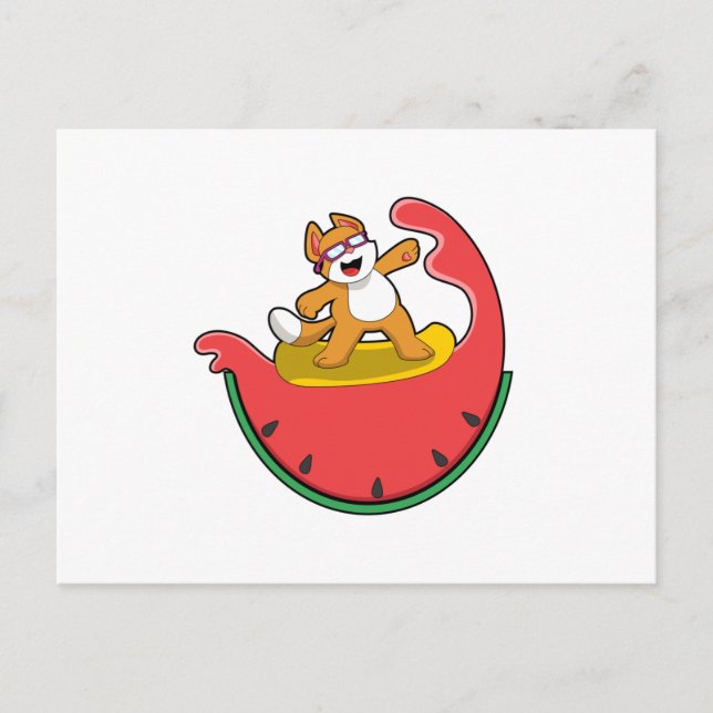 Katt som surfar med vattenmelon vykort (Framsida)