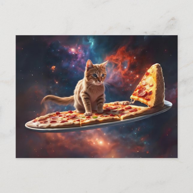 Katt som surfar på pizza i cosmos vykort (Framsida)