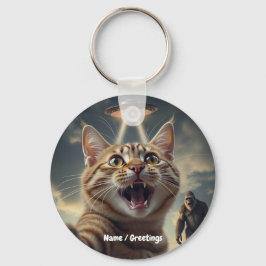 Katt som tar Selfie med UFO och Bigfoot Funny Gift Nyckelring