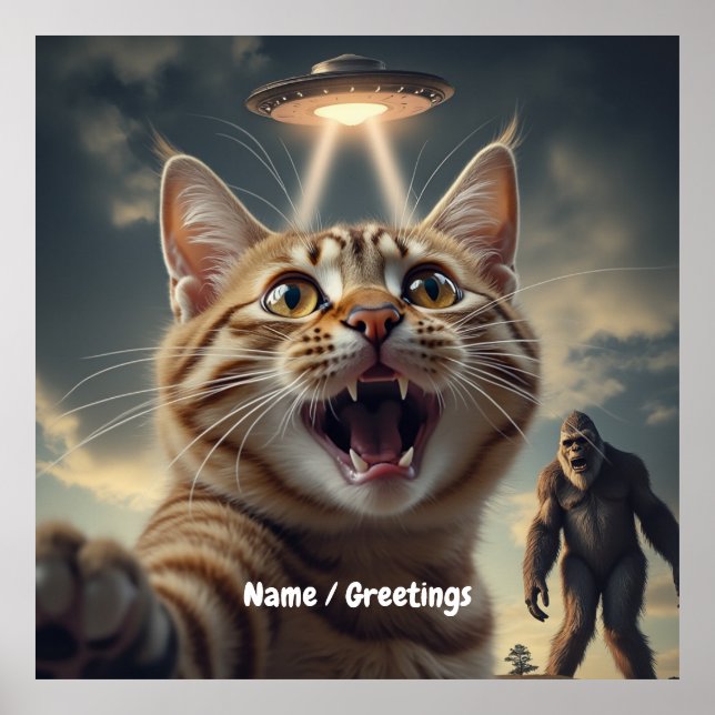 Katt som tar Selfie med UFO och Bigfoot Funny Gift Poster (Framsidan)