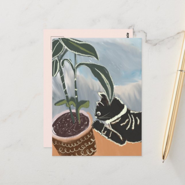 Katt som tittar på krukväxter vykort (Fram/Back In Situ)