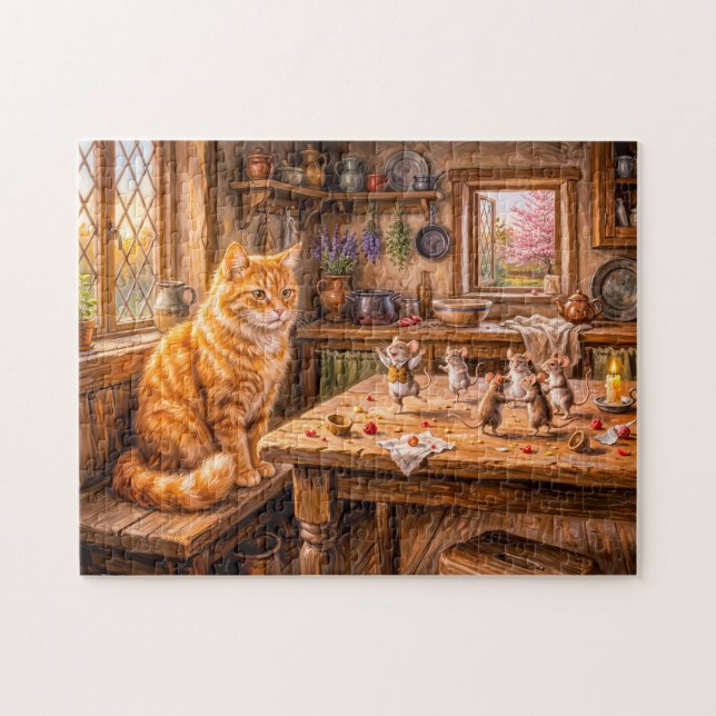 Katt som tittar på möss som dansar i köket pussel (Horisontell)