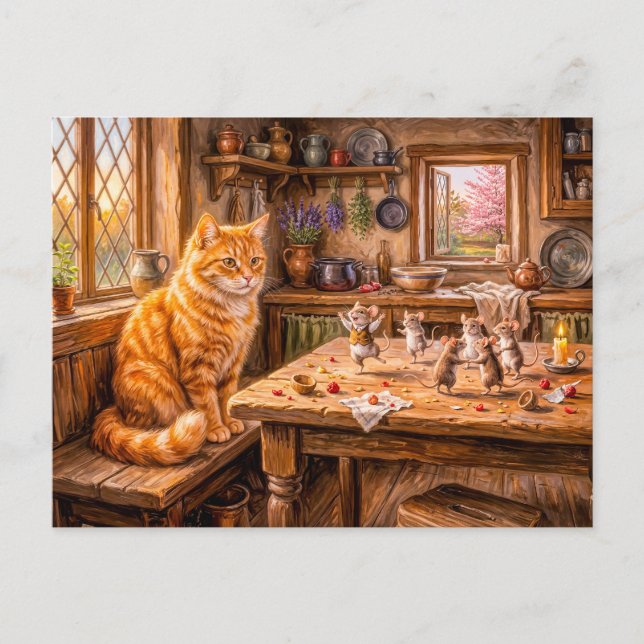 Katt som tittar på möss som dansar i köket vykort (Framsida)