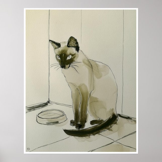 Katt som väntar på middagen Teckning - Art-utskrif Poster (Framsidan)