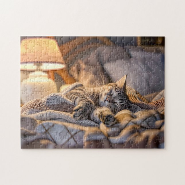 Katt som vilar på soffan med filt och lampa pussel (Horisontell)