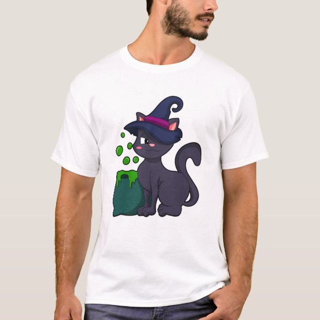 Katt som Witch med Cauldron T Shirt (Framsida)