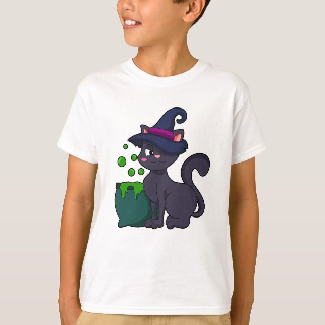 Katt som Witch med Cauldron T Shirt (Framsida)