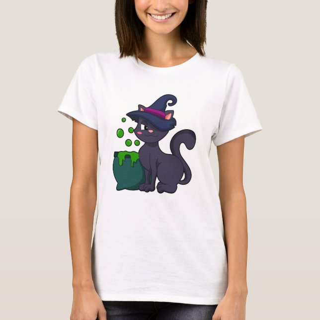 Katt som Witch med Cauldron T Shirt (Framsida)