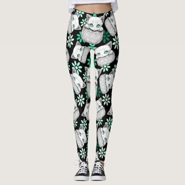 Katt Söt och Lekfull tittar ut från en Ficka Leggings (Framsida)
