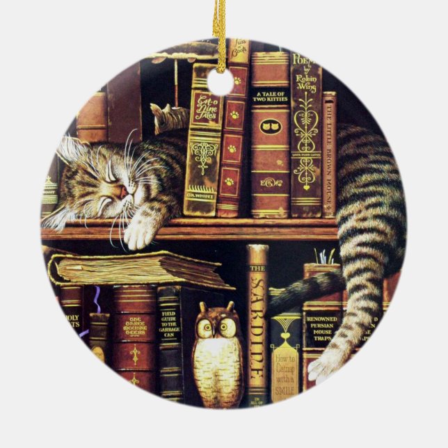 Katt sover i bibliotekarien julgransprydnad keramik (Baksidan)