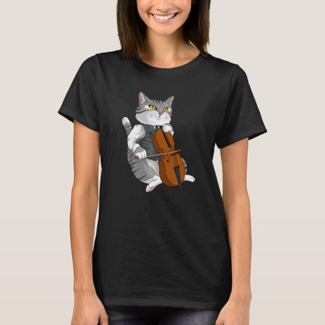 Katt spelar cello violin musikinstrument t shirt (Framsida)