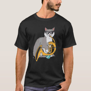 Katt spelar fransk horn musik svarta glasögon t shirt