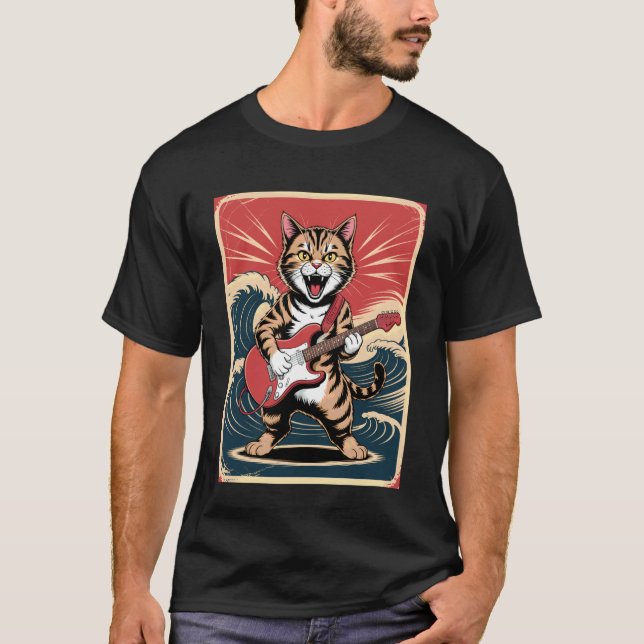Katt spelar gitarr män kvinnor Distressed Rock and T Shirt (Framsida)