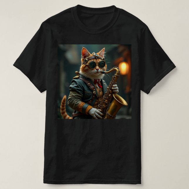Katt spelar sax. t shirt (Design framsida)