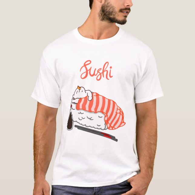 Katt Spipande på Sushi T Shirt (Framsida)