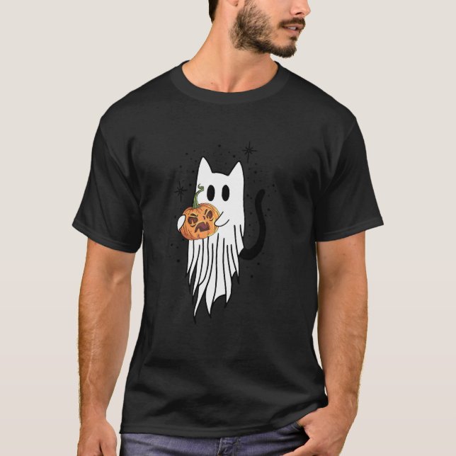 Katt Spök Pumpor Halloween Stil För Katt T Shirt (Framsida)