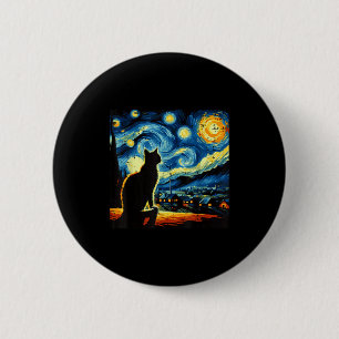 Katt Stjärnklar Natt Van Gogh Kattunge Målning Kon Knapp