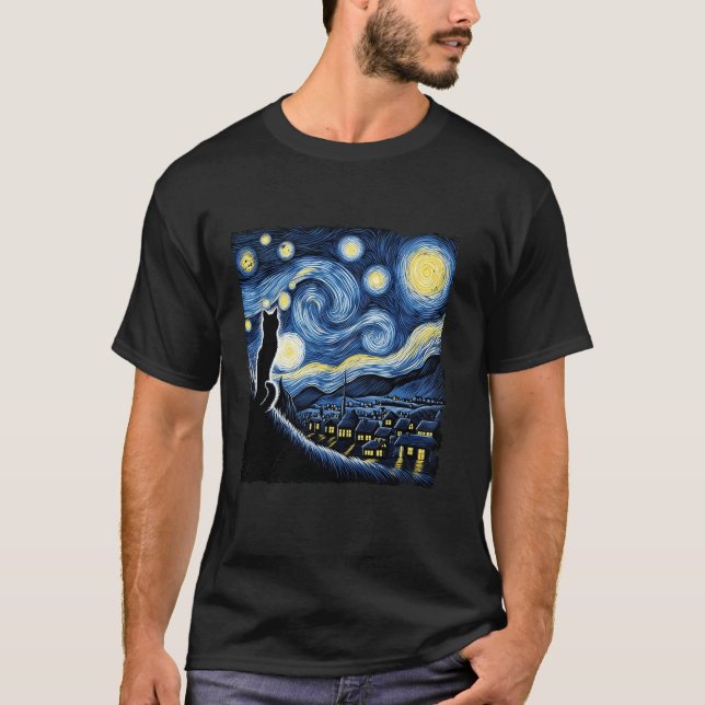 Katt Stjärnkväll Van Gogh Katt För Kattälskare Kat T Shirt (Framsida)