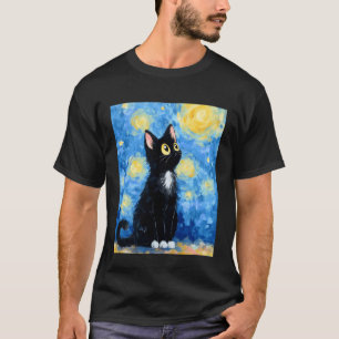 Katt Stjärnkväll Van Gogh Katt Rolig Svart Katt Ko T Shirt