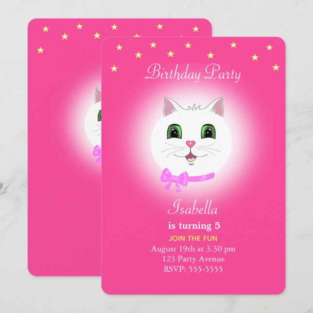 Katt & stjärnor på rosa flicktema födelsedagsinbju inbjudningar (Fram/baksida)