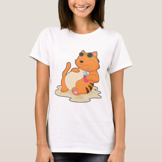 Katt Strand Dryck Sommar T Shirt (Framsida)