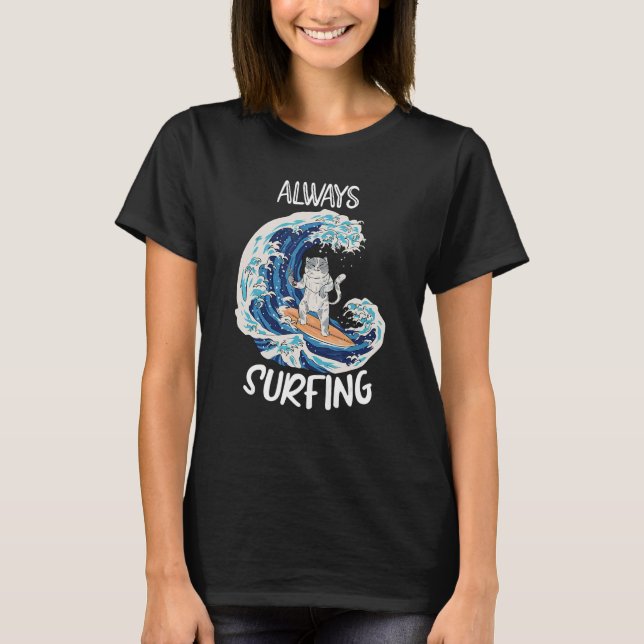 Katt Surfing Surfbräda Surfare T Shirt (Framsida)