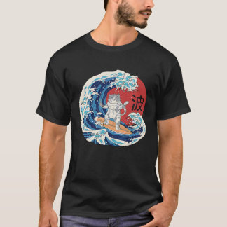 Katt Surfing Våg Japansk T Shirt