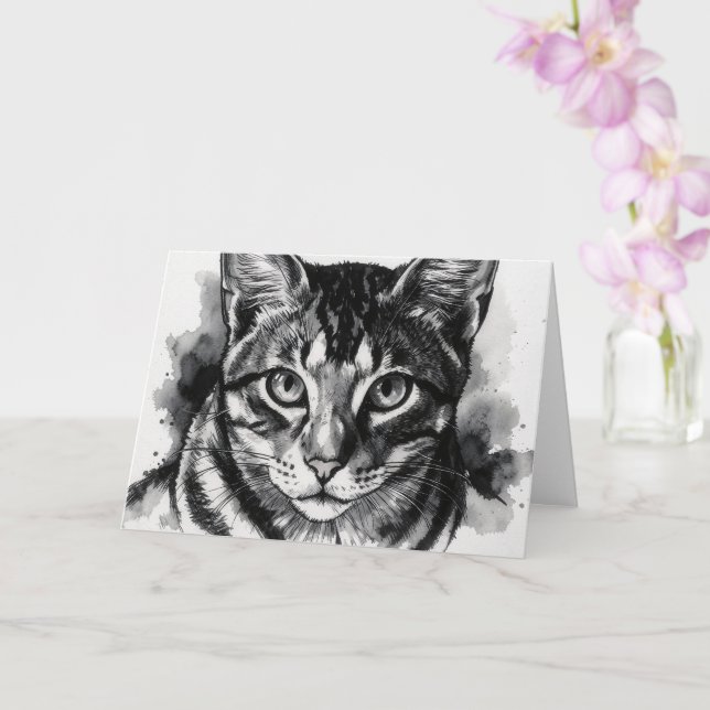Katt svart-vit bläckkonst Notkort Kort (Orkide)