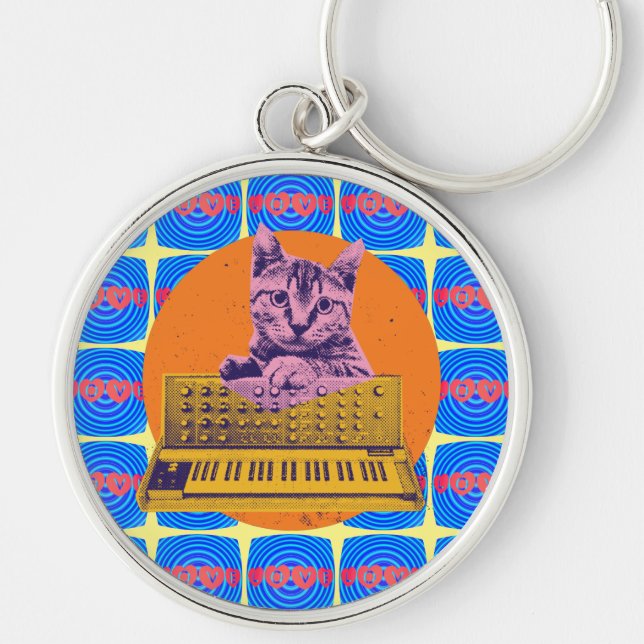 Katt Synthesizer Musik Producent Design Rund Silverfärgad Nyckelring (Framsidan)